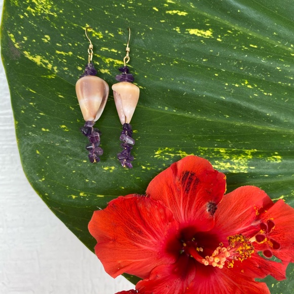 💜14KGoldFilled Real Seashell/Amethyst Earrings - Picture 2 of 5